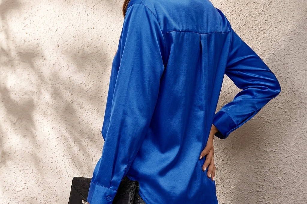 Frieda - Women's Relaxed Silk Button-Front Shirt - Blue