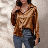 Frieda - Women's Relaxed Silk Button-Front Shirt - Brown