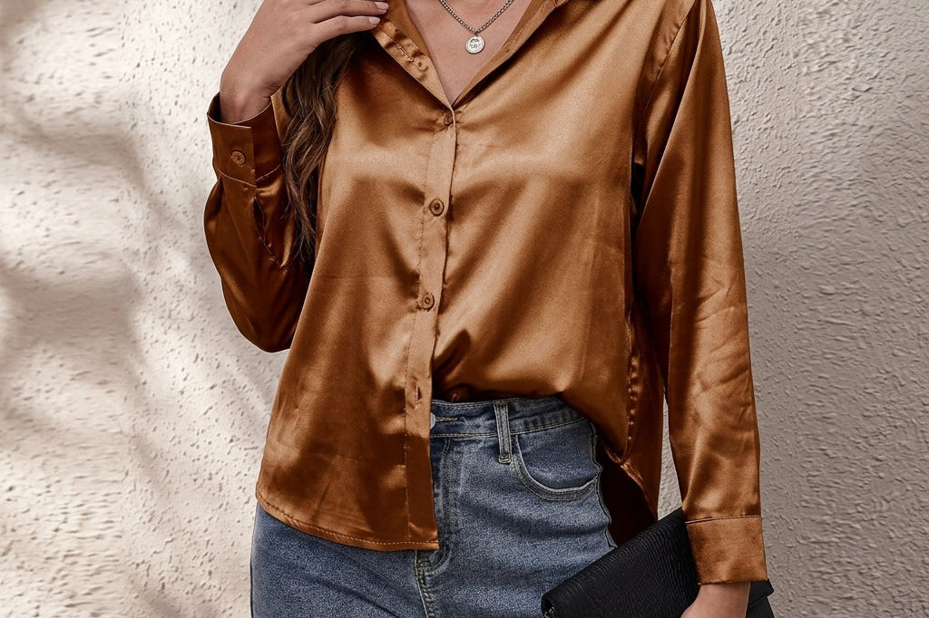 Frieda - Women's Relaxed Silk Button-Front Shirt - Brown