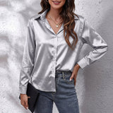 Frieda - Women's Relaxed Silk Button-Front Shirt - Silver