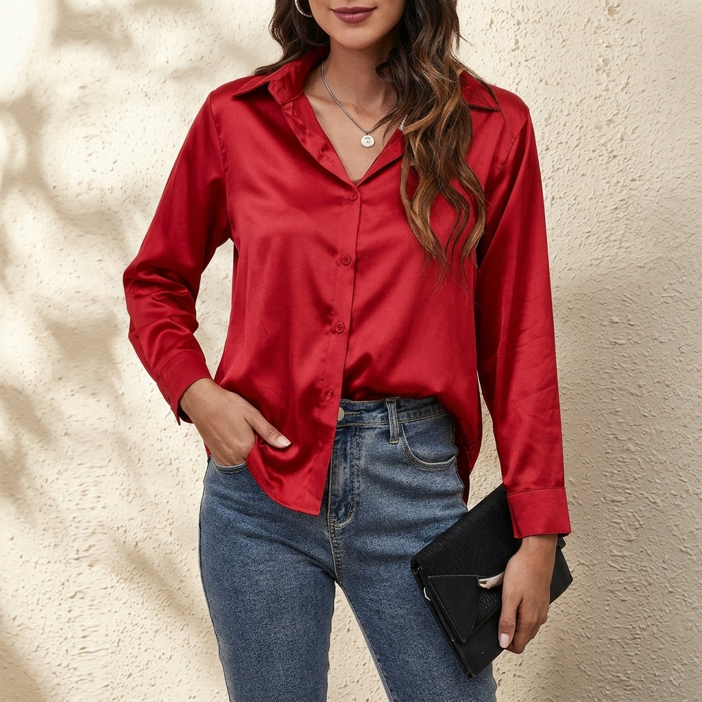 Frieda - Women's Relaxed Silk Button-Front Shirt - Red