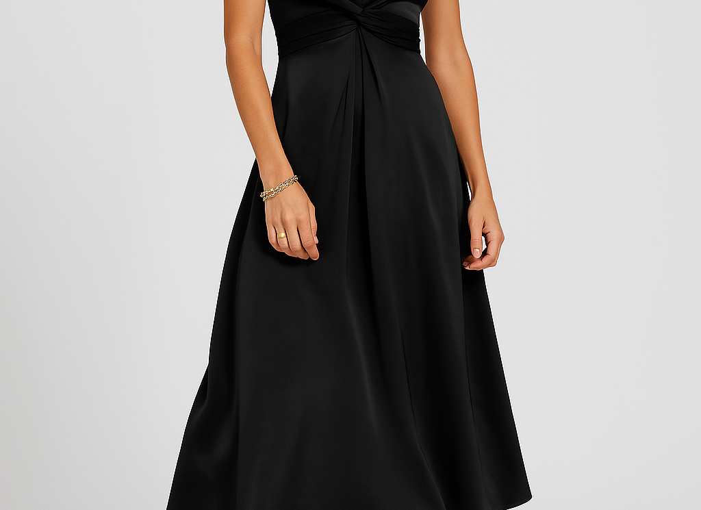 Gabby - Women's Satin Twist Front Midi Party Dress - Black