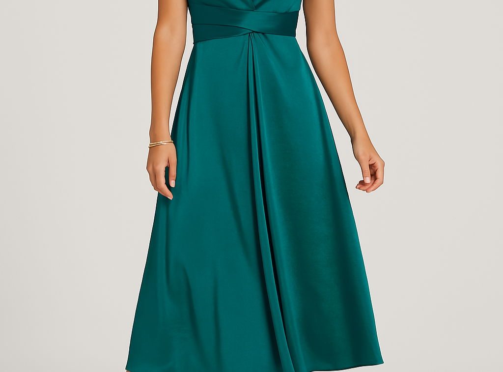 Gabby - Women's Satin Twist Front Midi Party Dress - Teal