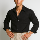 Gabriel - Men's Striped Long Sleeve Shirt with Chest Pockets - Black Stripe