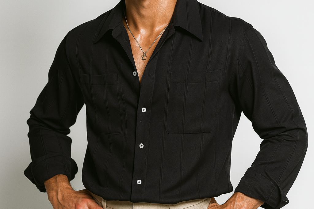 Gabriel - Men's Striped Long Sleeve Shirt with Chest Pockets - Black Stripe