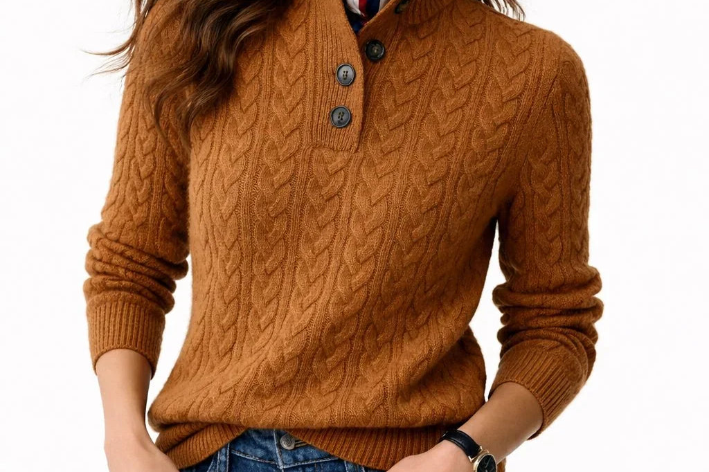 Galatea - Women's Cable Knit Button-Neck Wool-Blend Sweater - Brown