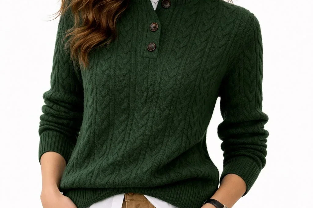 Galatea - Women's Cable Knit Button-Neck Wool-Blend Sweater - Green