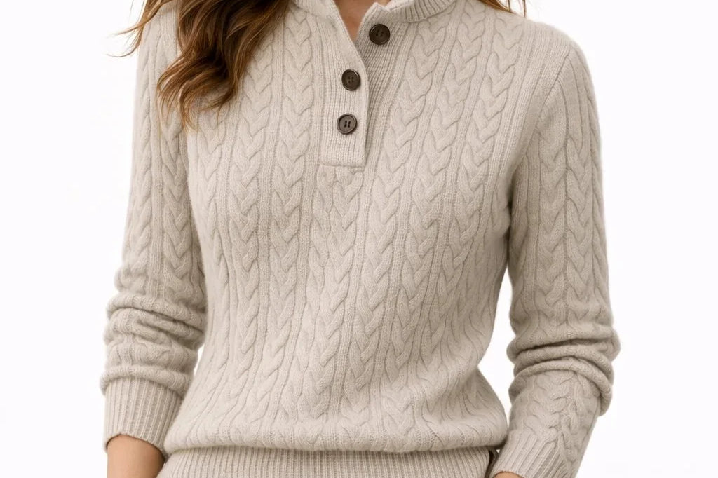 Galatea - Women's Cable Knit Button-Neck Wool-Blend Sweater - Grey