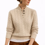 Galatea - Women's Cable Knit Button-Neck Wool-Blend Sweater - Khaki