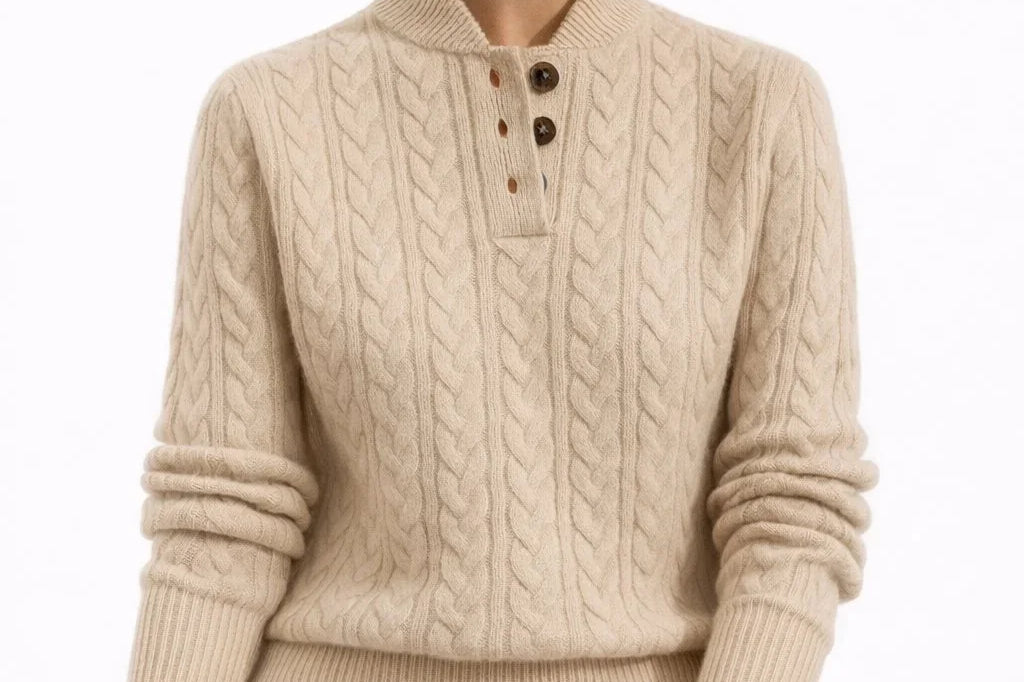 Galatea - Women's Cable Knit Button-Neck Wool-Blend Sweater - Khaki
