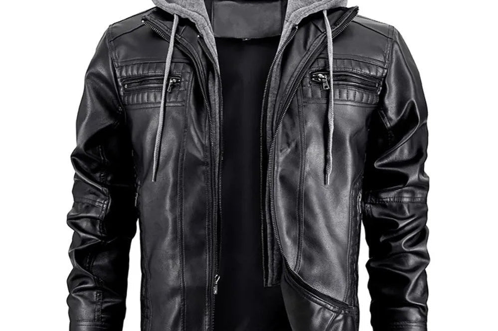 Garrett - Men's Faux Leather Hooded Coat - Black
