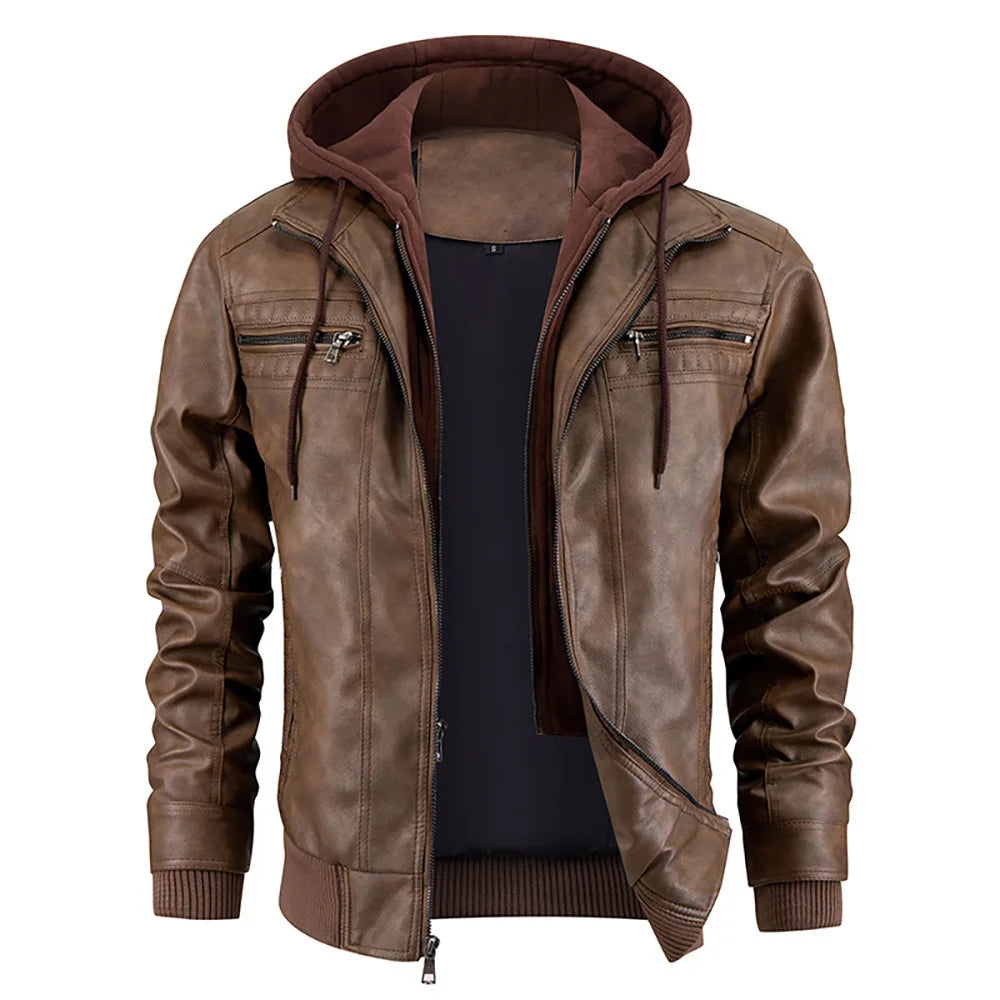Garrett - Men's Faux Leather Hooded Coat - Dark Brown