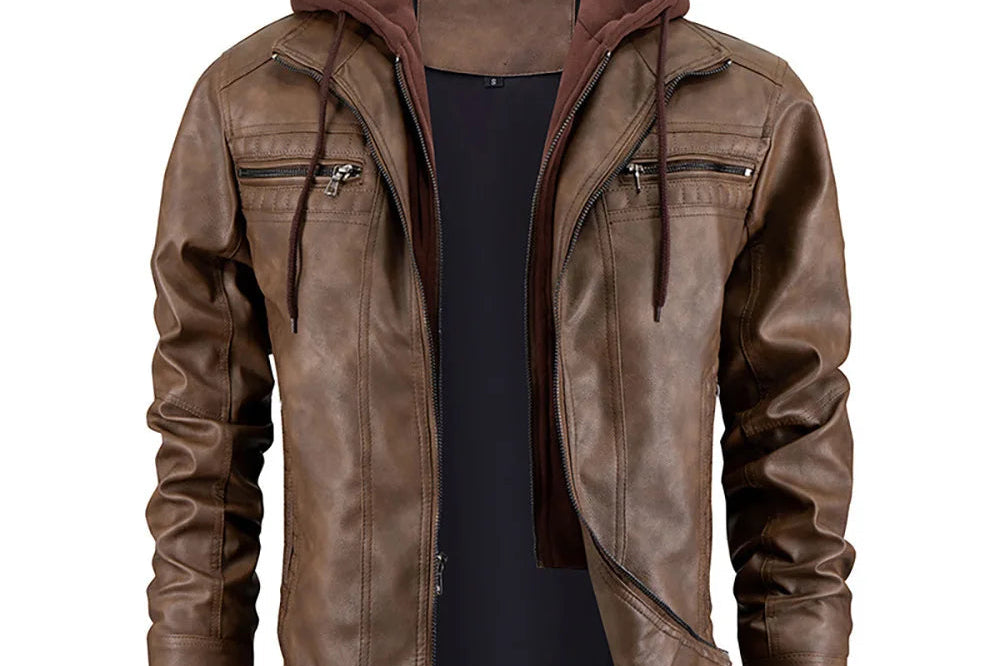Garrett - Men's Faux Leather Hooded Coat - Dark Brown