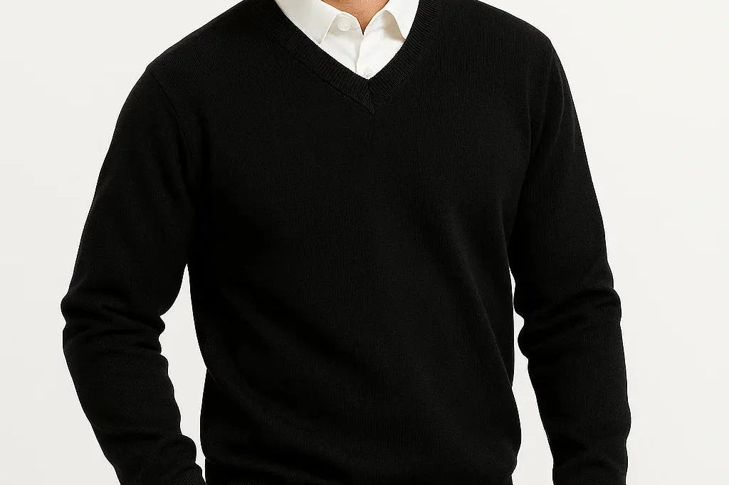 Gavin - Men's Slim Fit V-Neck Fine Knit Sweater - Black