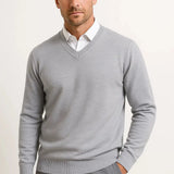 Gavin - Men's Slim Fit V-Neck Fine Knit Sweater - Gray