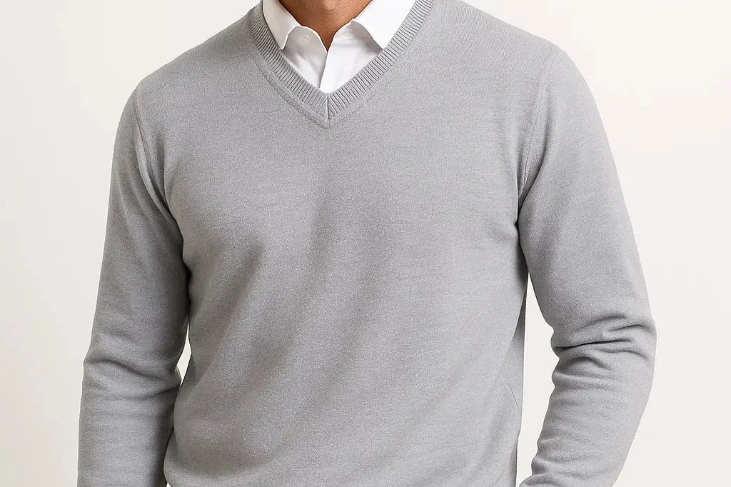Gavin - Men's Slim Fit V-Neck Fine Knit Sweater - Gray