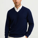 Gavin - Men's Slim Fit V-Neck Fine Knit Sweater - Navy