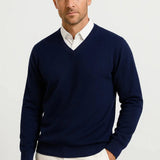 Gavin - Men's Slim Fit V-Neck Fine Knit Sweater - Navy