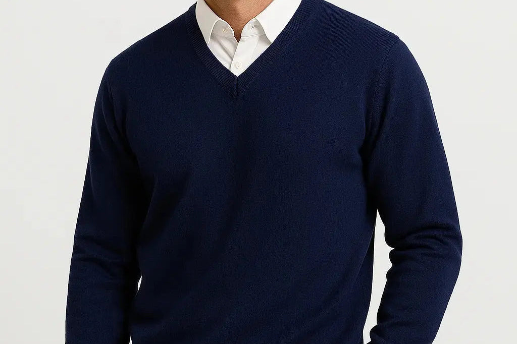 Gavin - Men's Slim Fit V-Neck Fine Knit Sweater - Navy