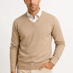 Gavin - Men's Slim Fit V-Neck Fine Knit Sweater - Camel