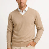 Gavin - Men's Slim Fit V-Neck Fine Knit Sweater - Camel