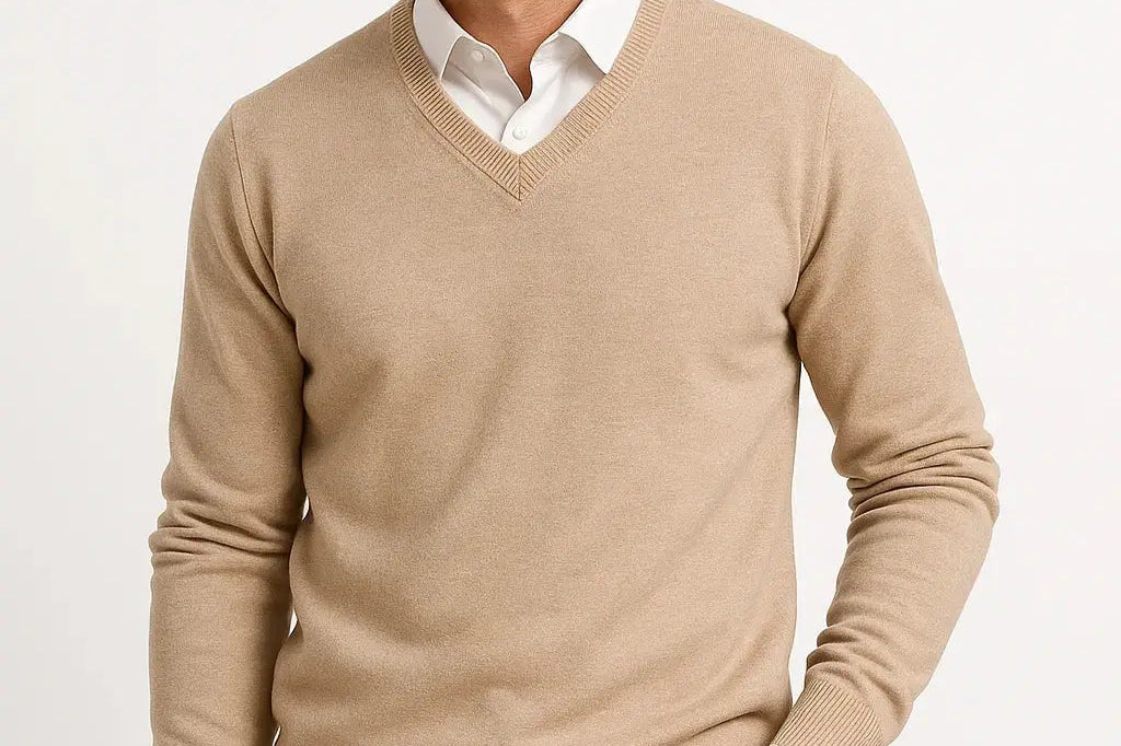 Gavin - Men's Slim Fit V-Neck Fine Knit Sweater - Camel