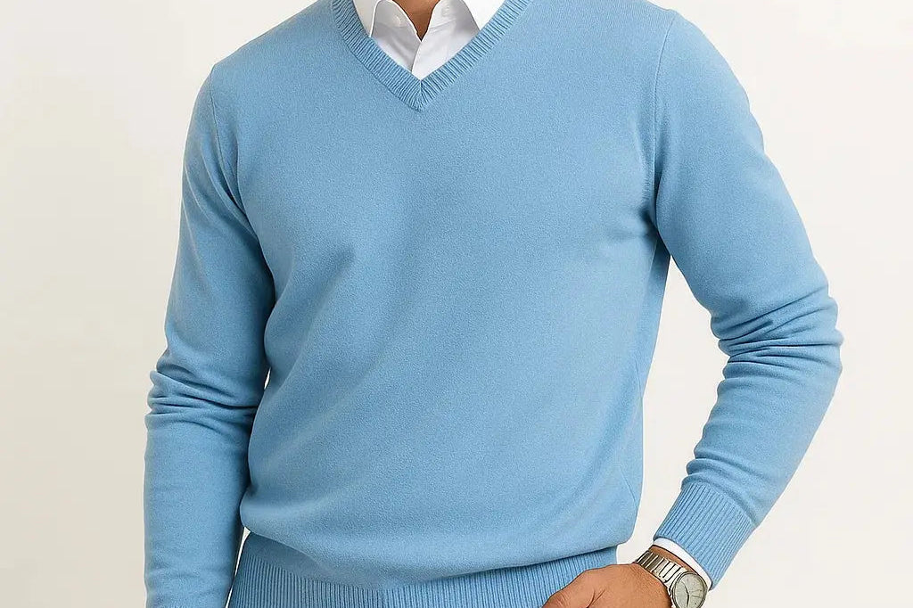 Gavin - Men's Slim Fit V-Neck Fine Knit Sweater - Light Blue