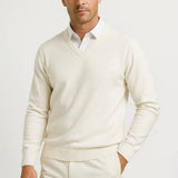 Gavin - Men's Slim Fit V-Neck Fine Knit Sweater - White