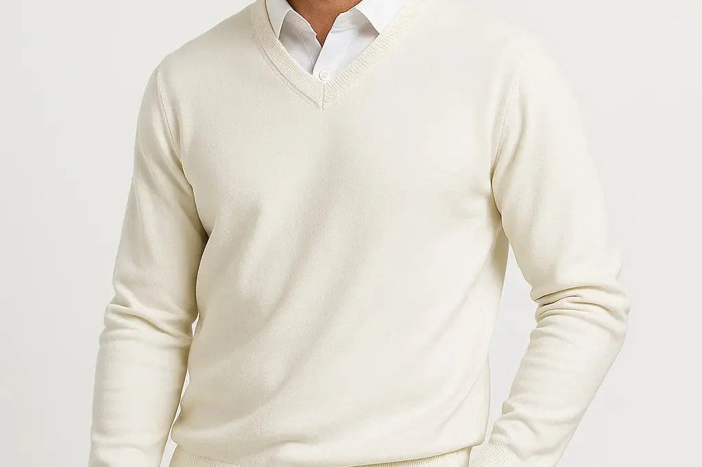 Gavin - Men's Slim Fit V-Neck Fine Knit Sweater - White