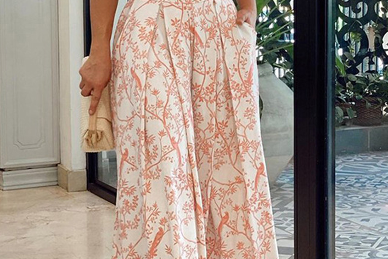 Genevra - Women's Cropped Shirt and Printed Wide-Leg Pants Set - Orange