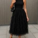 Georgiana - Women's Layered Tulle Midi Skirt with Elastic Waist - Black