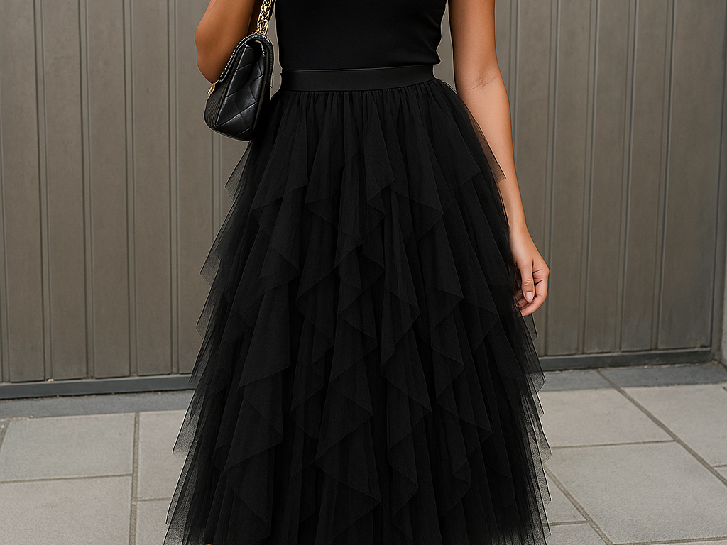 Georgiana - Women's Layered Tulle Midi Skirt with Elastic Waist - Black