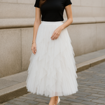 Georgiana - Women's Layered Tulle Midi Skirt with Elastic Waist - White