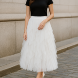 Georgiana - Women's Layered Tulle Midi Skirt with Elastic Waist - White