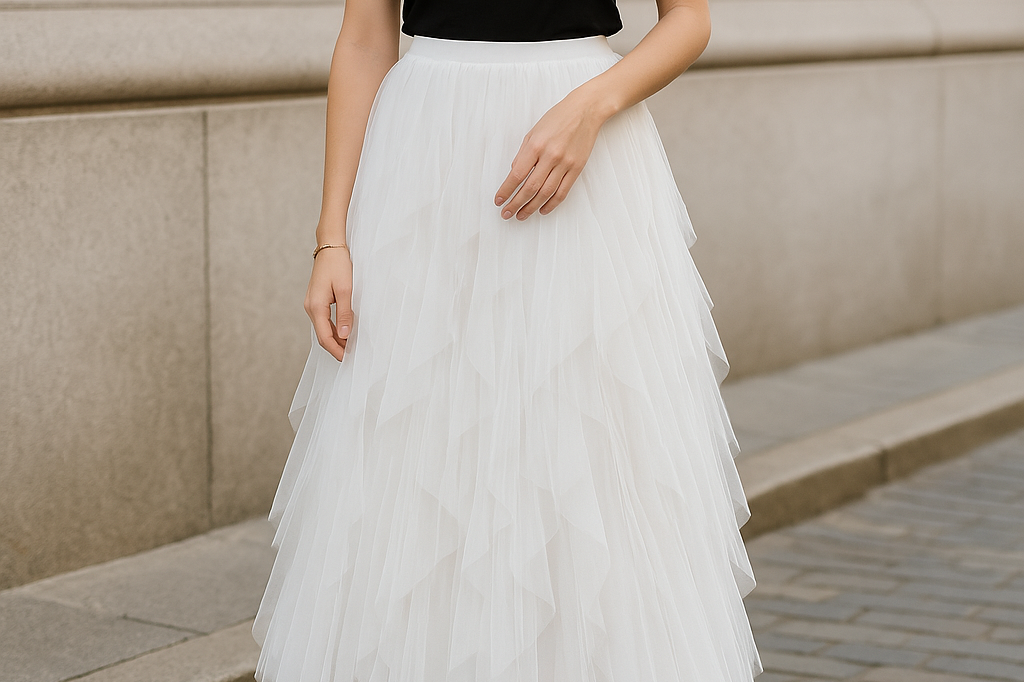 Georgiana - Women's Layered Tulle Midi Skirt with Elastic Waist - White