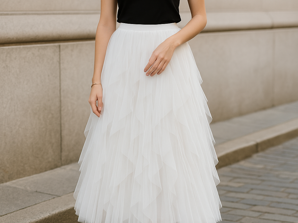 Georgiana - Women's Layered Tulle Midi Skirt with Elastic Waist - White