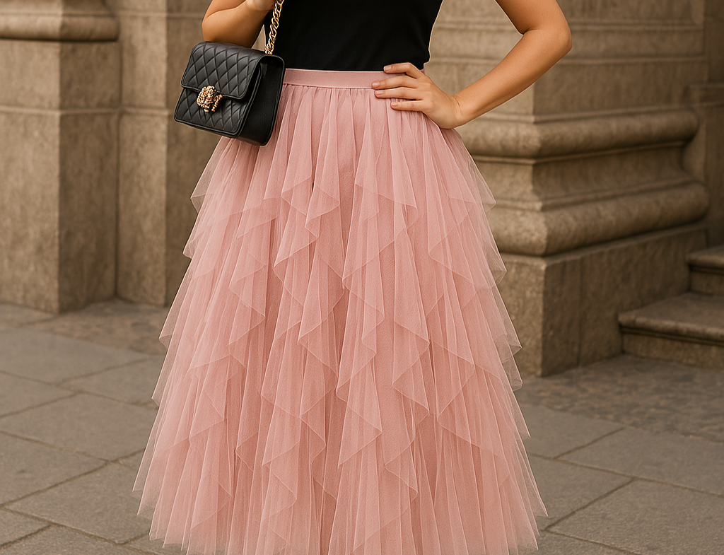 Georgiana - Women's Layered Tulle Midi Skirt with Elastic Waist - Pink