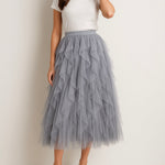 Georgiana - Women's Layered Tulle Midi Skirt with Elastic Waist - Gray