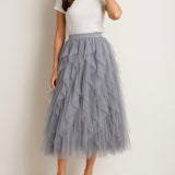 Georgiana - Women's Layered Tulle Midi Skirt with Elastic Waist - Gray