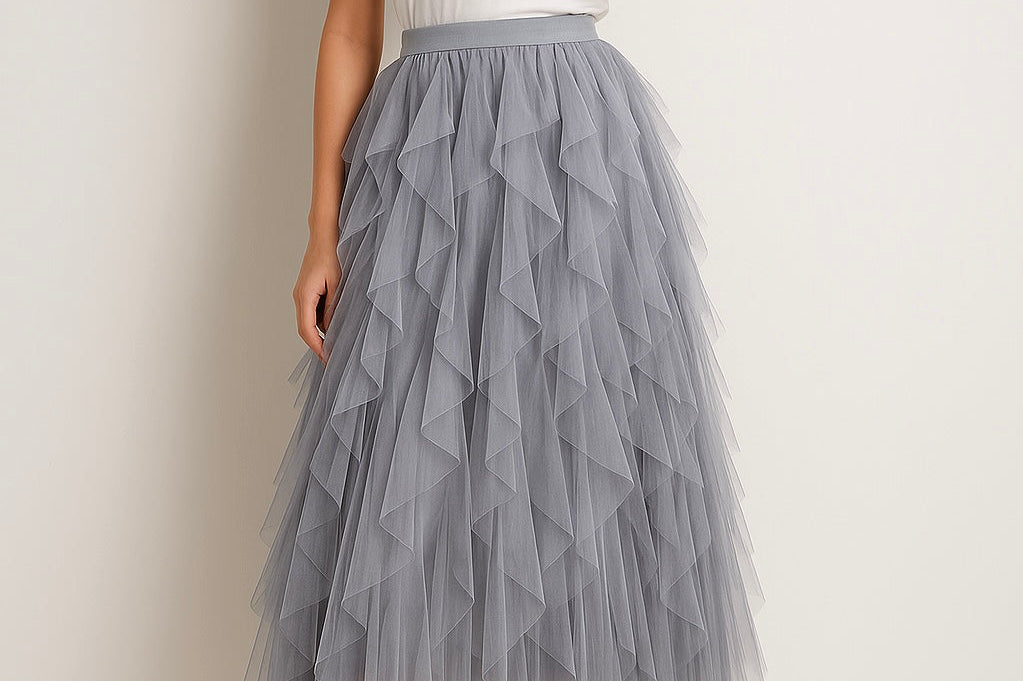 Georgiana - Women's Layered Tulle Midi Skirt with Elastic Waist - Gray