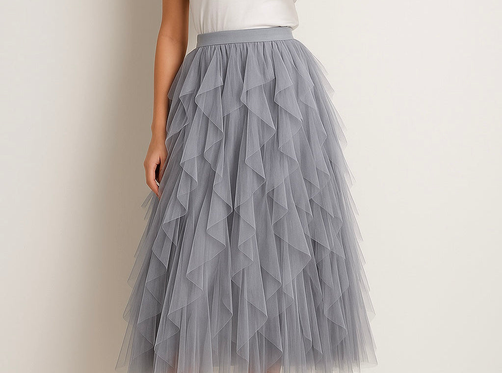 Georgiana - Women's Layered Tulle Midi Skirt with Elastic Waist - Gray