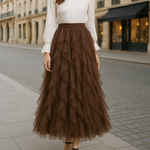 Georgiana - Women's Layered Tulle Midi Skirt with Elastic Waist - Brown