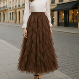 Georgiana - Women's Layered Tulle Midi Skirt with Elastic Waist - Brown