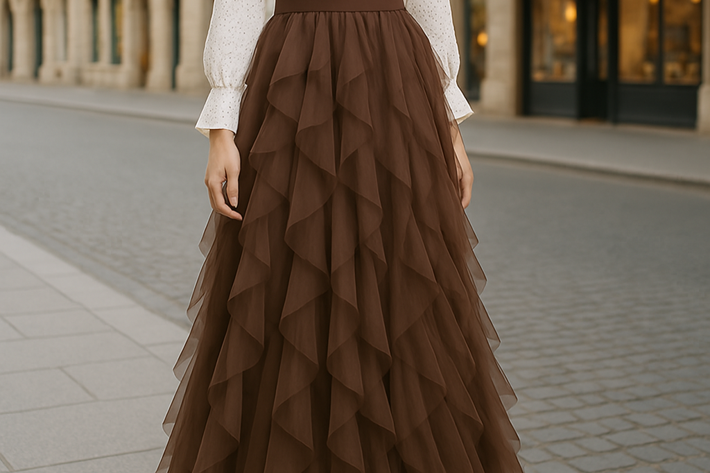 Georgiana - Women's Layered Tulle Midi Skirt with Elastic Waist - Brown