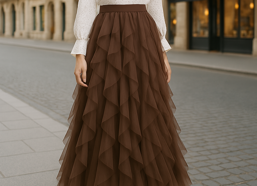 Georgiana - Women's Layered Tulle Midi Skirt with Elastic Waist - Brown