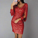Gitte - Women's Sequin V-Neck Mini Dress with Fringe Sleeves - Red