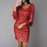 Gitte - Women's Sequin V-Neck Mini Dress with Fringe Sleeves - Red