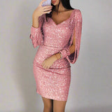 Gitte - Women's Sequin V-Neck Mini Dress with Fringe Sleeves - Pink