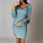 Gitte - Women's Sequin V-Neck Mini Dress with Fringe Sleeves - Green