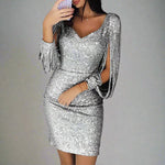 Gitte - Women's Sequin V-Neck Mini Dress with Fringe Sleeves - Silver